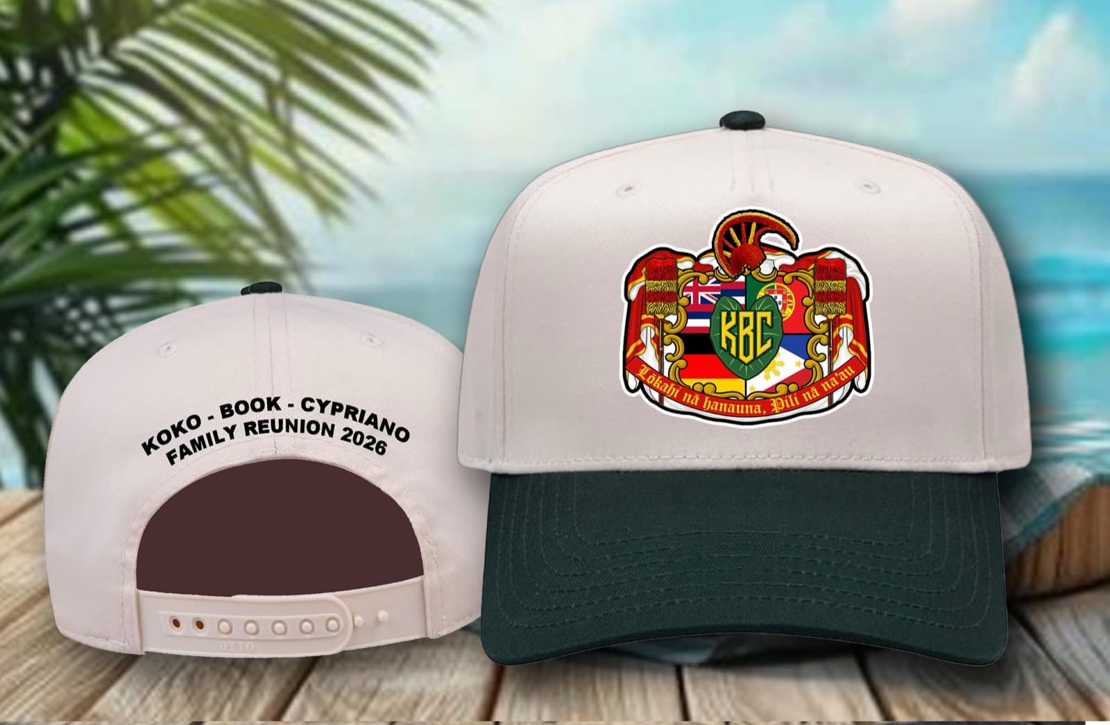 KBC hat with embroidered family crest, deep-green brim and cream crown, shown front and back