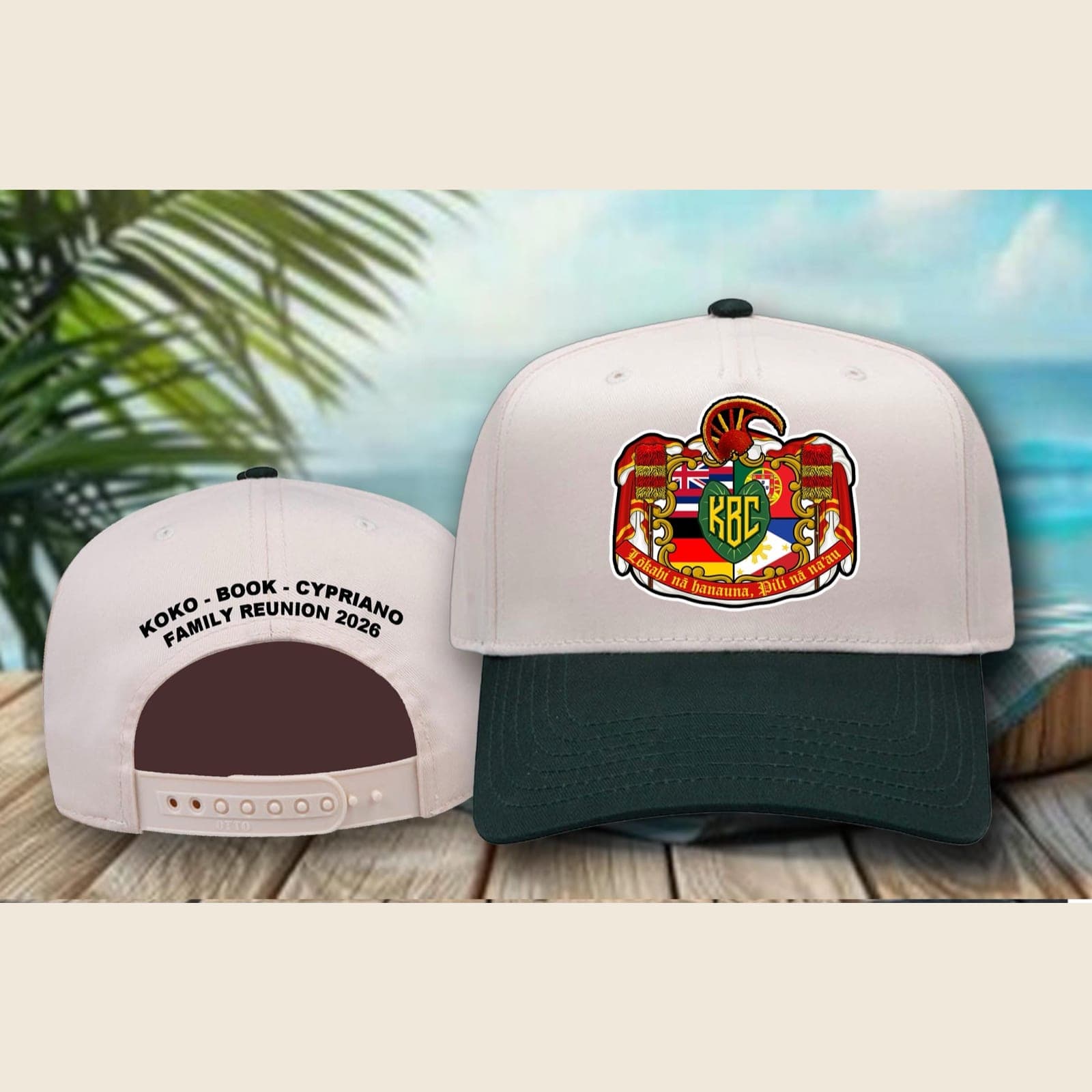 KBC hat with embroidered family crest, deep-green brim and cream crown, shown front and back