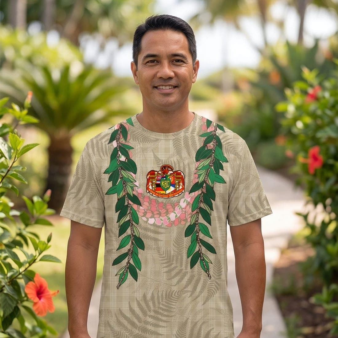 Adult reunion shirt worn by a man — front, with the KBC crest and lei design across the chest